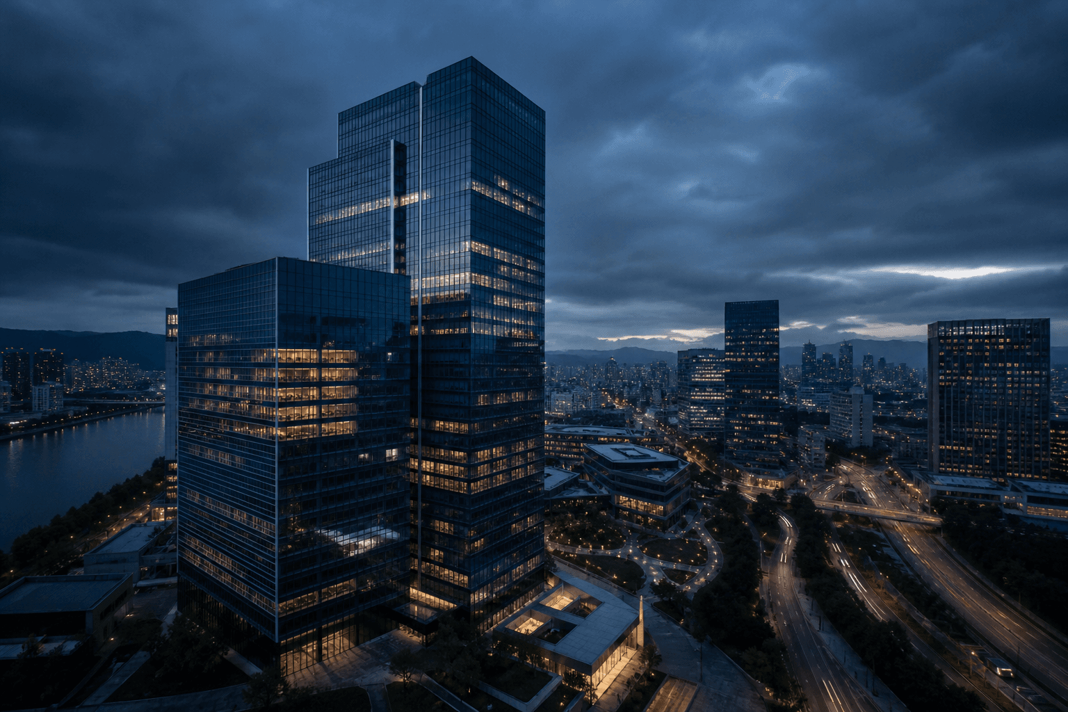 Commercial property district, aerial architectural context