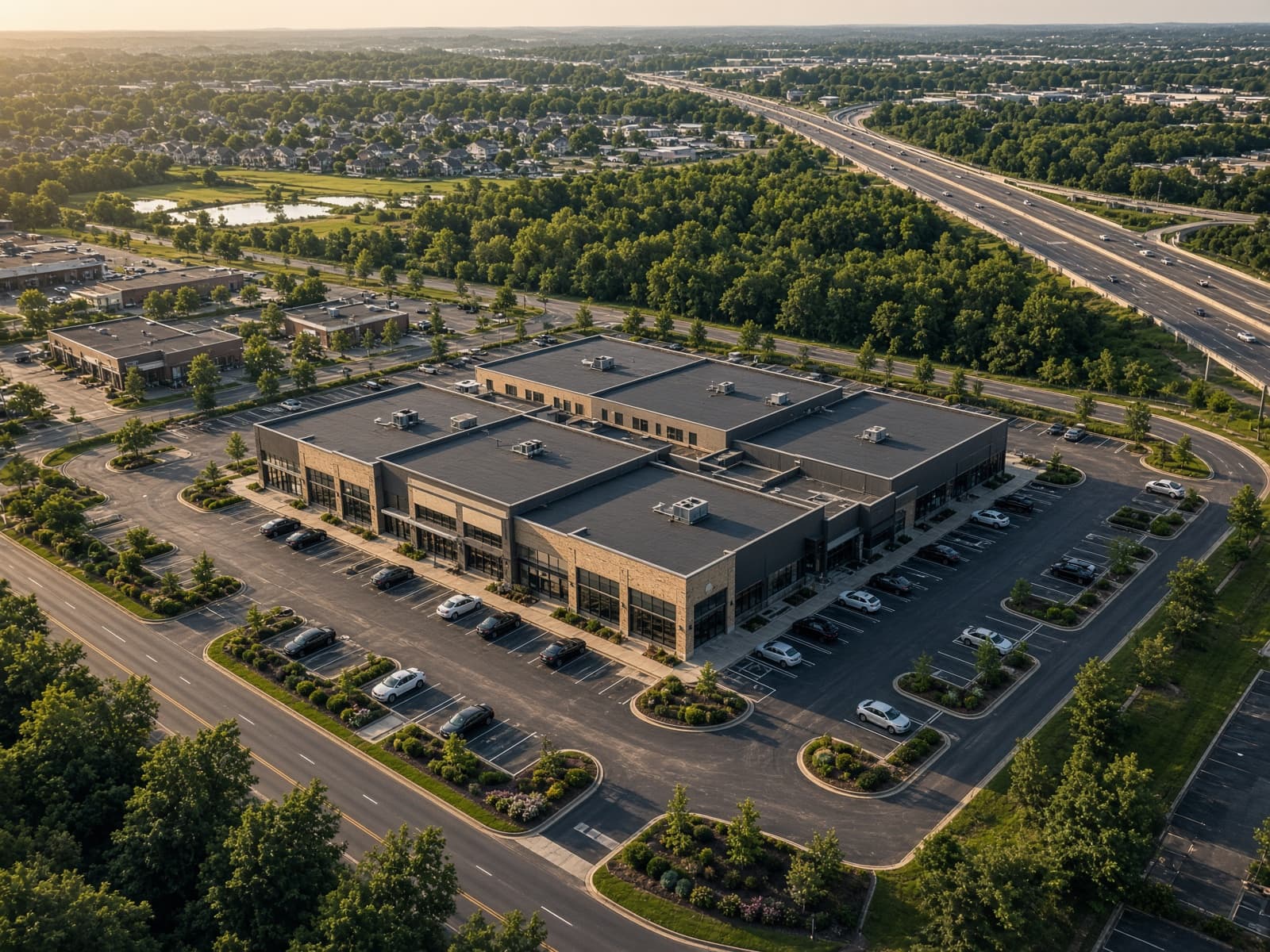 Aerial view of a commercial property, parking, and nearby roads.