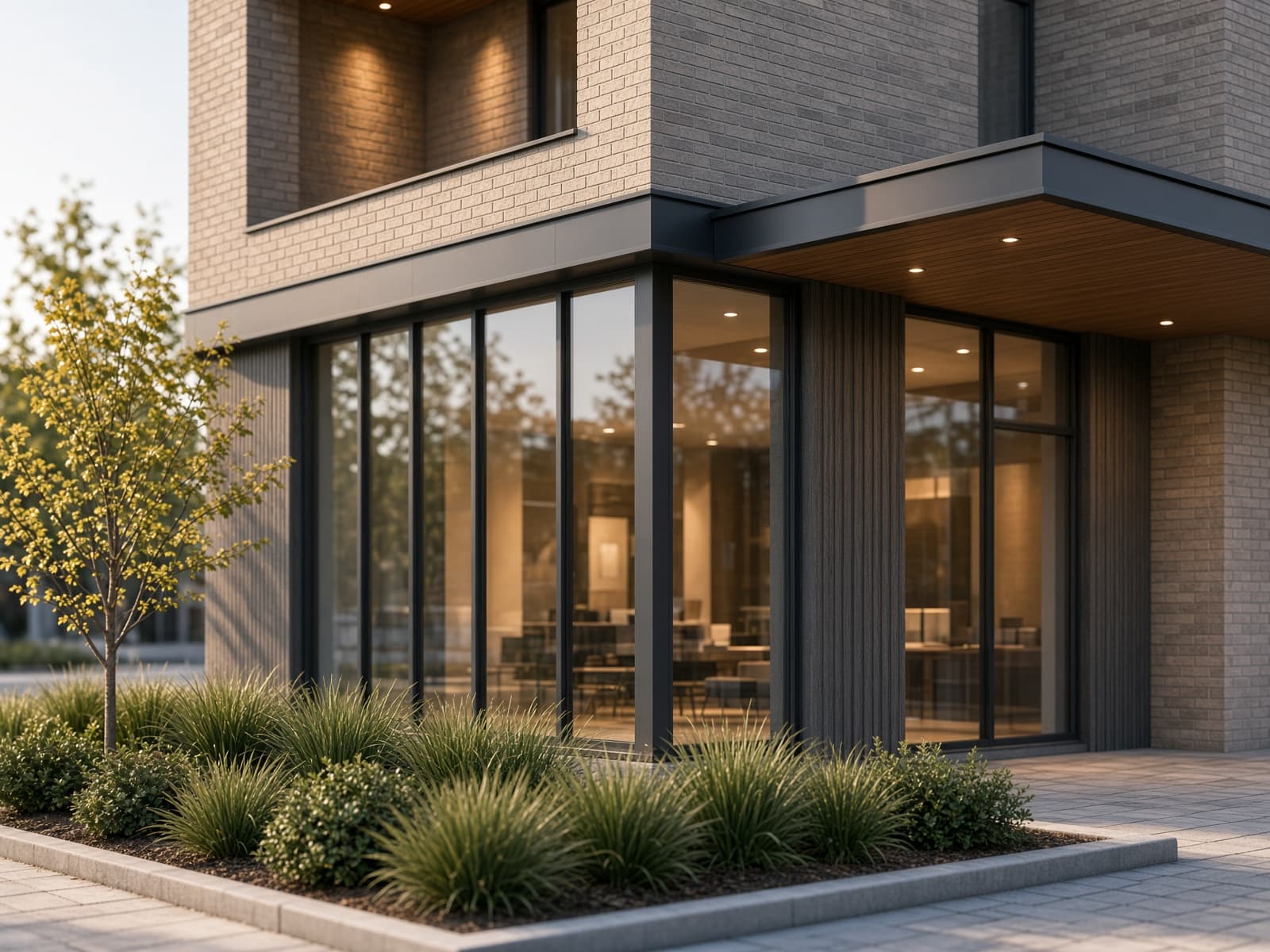 Architectural detail of a commercial building entrance and facade.