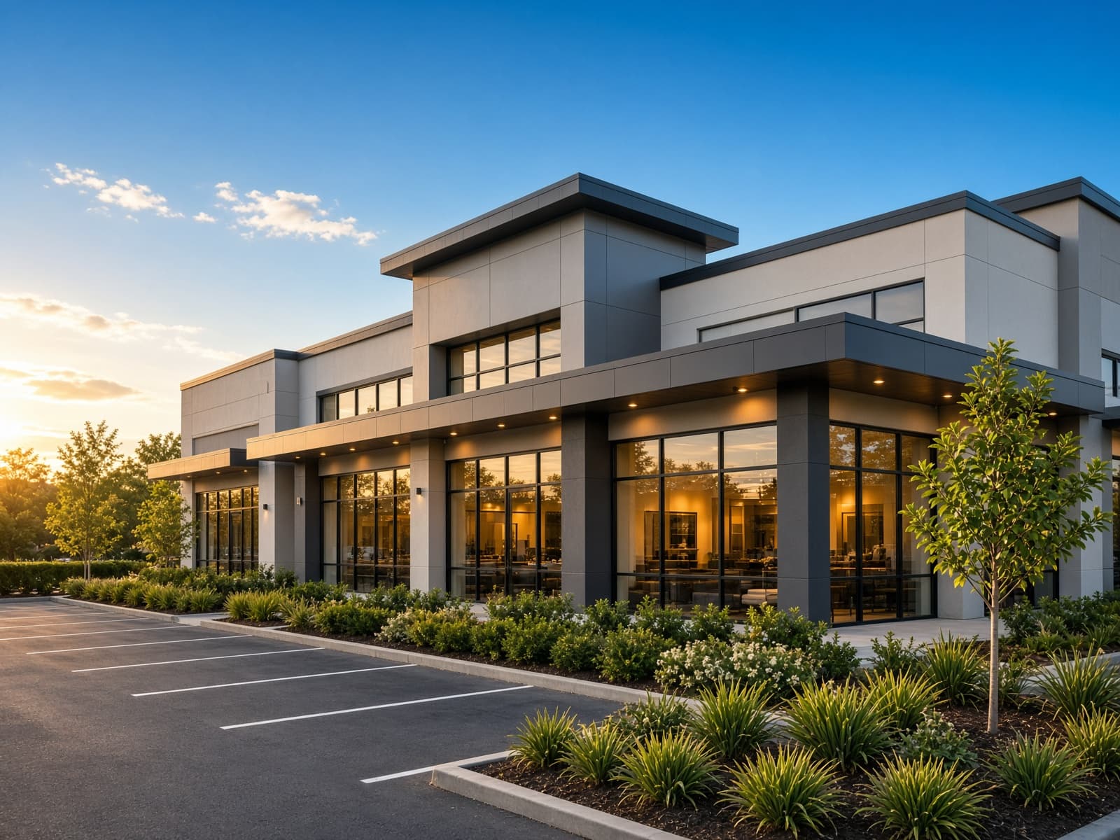 Ground-level view of a modern commercial building and parking area.